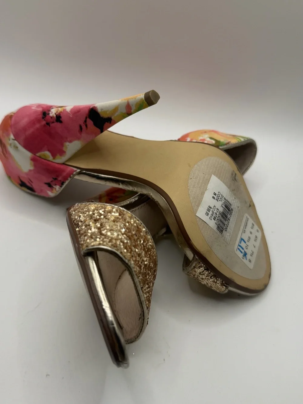 NWT Steve Madden Delacaci Floral & Gold Glitter D’Orsay Cone Heel Open Toe